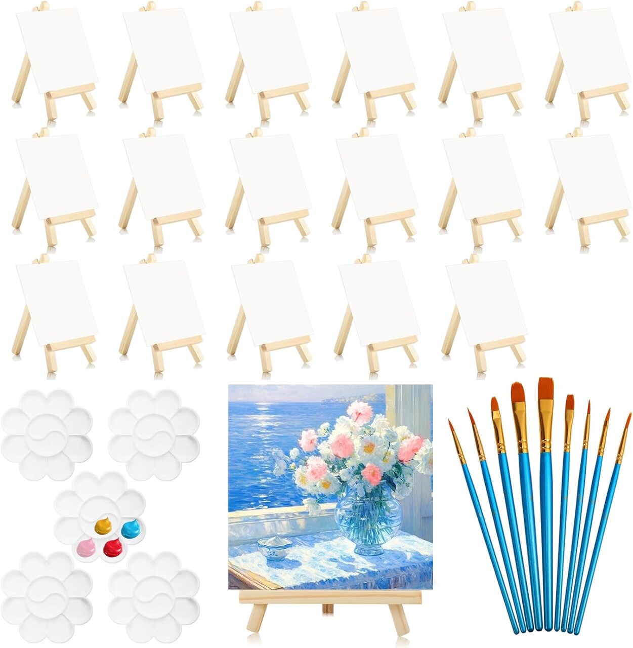 20 Pack Mini Canvas and Easel Set(20 Pack 4x4 in Mini Canvases, with 10 Brushes & 5 Paint Tray)